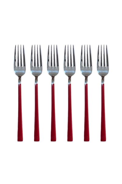 Atlas Mutfak Shiny Silver Red Dessert Fork And Spoon Set - 12 Piece Breakfast Cake Dessert Fork Spoon Set