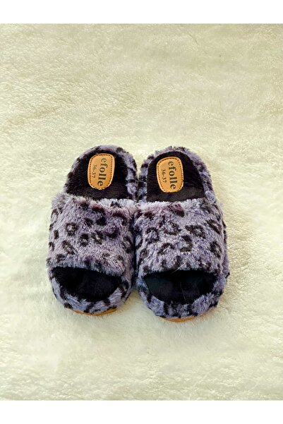 Bayramoğlu Leopar Desenli Önü Açık Peluş Ev Terliği