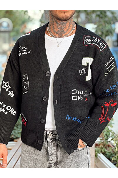 manch collection Oversize Nakışlı Baskılı Hırka Siyah