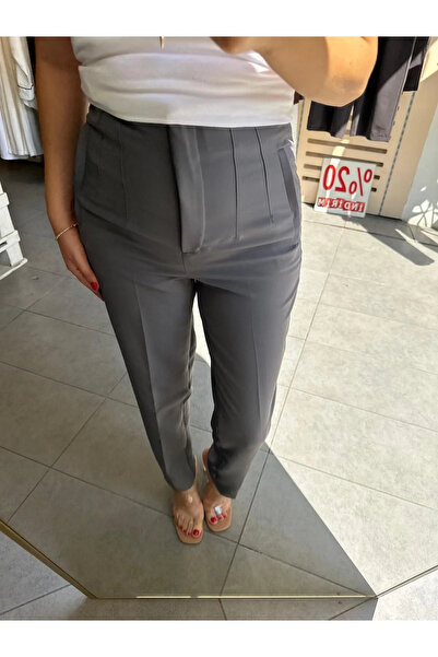bysoca Kadın Gri Yüksek Bel Önü Pens Dikişli Bilek Boy Havuç Kesim Slim Fit Kumaş Pantolon