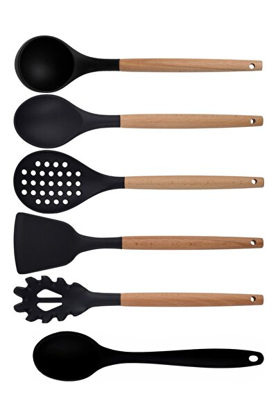Atlas Mutfak Black Bamboo Silicone - Ladle, Spoon, Colander, Pasta Strainer, ...