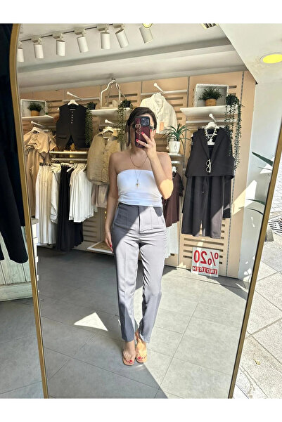 bysoca Kadın Gri Yüksek Bel Önü Pens Dikişli Bilek Boy Havuç Kesim Slim Fit Kumaş Pantolon