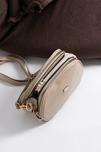 H&D COLLECTİON Sanmorris Women's Cross Strap 3-Compartment Double Metal Zipper Gold Accessory Shoulder Bag