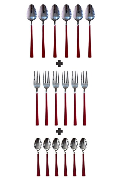 Atlas Mutfak Parlak Gümüş Kırmızı Pasta Tatlı Kaşık-Çatal-Çay Kaşığı Seti, 18...