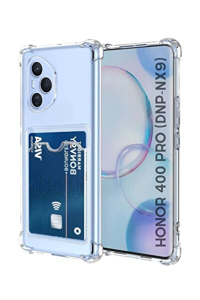 HANPORIUM Honor 400 Pro Uyumlu Kartlıklı Kılıf - Köşe Korumalı Cüzdanlı Esnek Silikon Kapak - Şeffaf