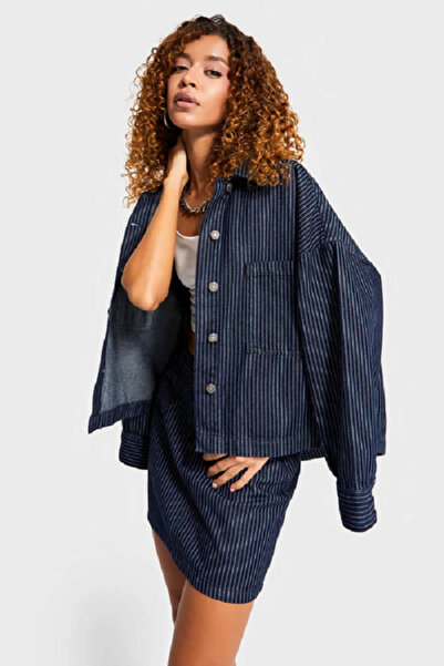 it's basic itsbasic Kadın Çizgili Mavi Renk Oversize Özel Kumaş Denim Gömlek