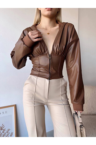 Modanevar Яке с качулка и половин цип, цвят кафе H24116