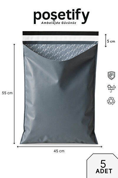 POŞETİFY Balonlu Gri Kargo Poşeti 45X55+5 cm | 5 Adet | Bantlı Patpatlı Kargo...