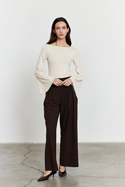 FACETTE Batwing Sleeve Boat Neck Blouse Beige