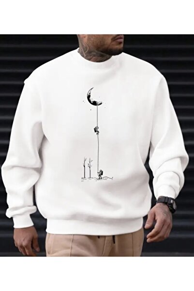 Panda Baskı Tekstil Moon Astronaut Printed Special Design Hoodless Sweatshirt