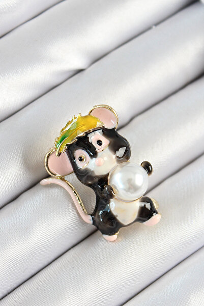 Skygo Gold Color Women's Brooch with Pearl Detail Black and Pink 3D Cute Mous...