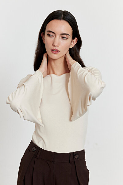 FACETTE Batwing Sleeve Boat Neck Blouse Beige