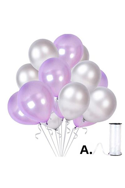 RÖNESANS PARTİ بالون ميتاليك فضي-ليلكي 70 قطعة + سلسلة بالون 5 طن متري