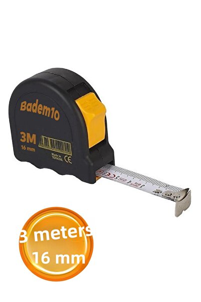 Badem10 Metal cu bandă neagră - 3 m x 16 mm, măsurare, măsurare, cu carcasă de plastic cu butoane