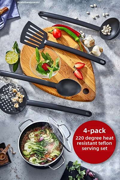LİRAZON Practical 4-Piece Fireproof Non-Stick Teflon Serving Set 220 Degree Resistant Ladle-colander-spatula-spoon