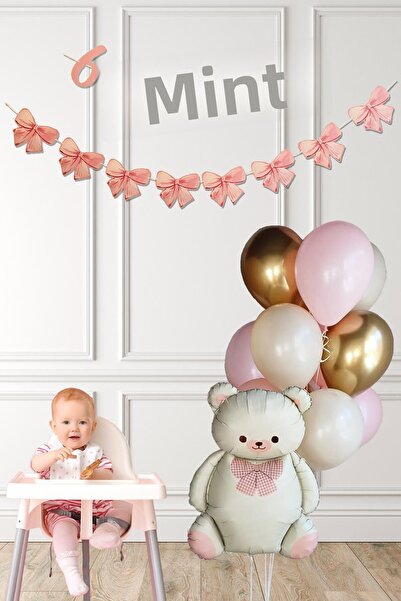 PEKSHOP مجموعة بالونات الحفلات الوردية لمدة 6 أشهر، مجموعة بالونات نصف عمر على شكل دب ريترو مع لافتة على شكل فيونكة