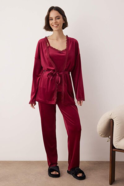 Trendyol Collection Burgundy 3-Piece Dowry Set Lace Detailed Velvet Knitted Dressing Gown+Pajama Set Thmaw26Pt00191