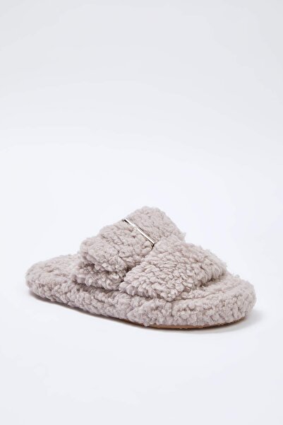 TRENDYOL SHOES Mink Double Band Detailed Teddy Women's House Slippers Takaw26Er00012
