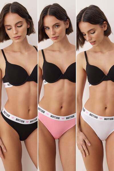 Trendyol Collection Schwarz-weiß-mehrfarbiger 3-teiliger elastischer Slogan-Tanga aus Baumwolle, gestrickte Unterhose THMAW26KU00020