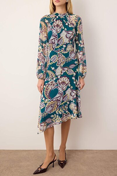 Trendyol Collection Green-Multicolored Midi Chiffon Lined Woven Dress Twoaw26El00284