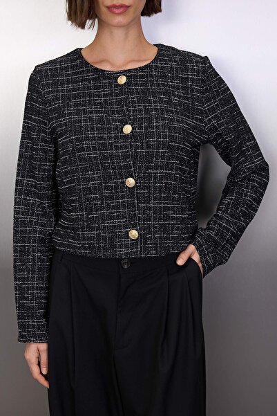 Trendyol Collection Black Tweed Buttoned Regular Knitted Jacket Twoaw26Ce00052