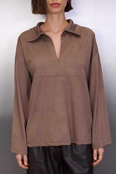 Trendyol Collection Dark Brown Relaxed/Casual Fit Knitted Suede Shirt Twoaw26Go00103
