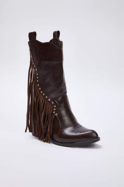 TRENDYOL SHOES Brown Tassel and Trok Detailed Block Heeled Women's Cowboy Boots Takaw26Bo00104