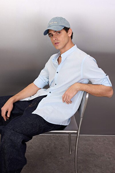 Trendyol Collection Cămașă cu mânecă lungă, slim fit, cu guler de bază albastru TMNSS20GO0188