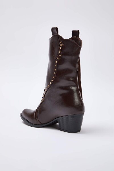 TRENDYOL SHOES Brown Tassel and Trok Detailed Block Heeled Women's Cowboy Boots Takaw26Bo00104