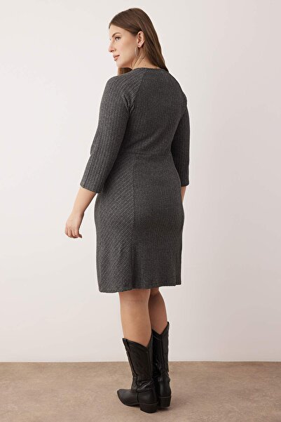 Trendyol Curve Anthracite Brushed Camisole Ribbed V-Neck Mini Knitted Plus Size Dress Tbbaw26Ah00043