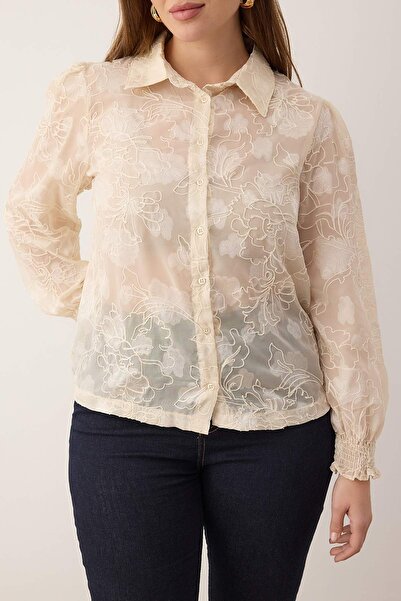 Trendyol Curve Ecru Floral Sleeve Tip Gipeli Transparent Woven Plus Size Shirt Tbbaw25Ax00012