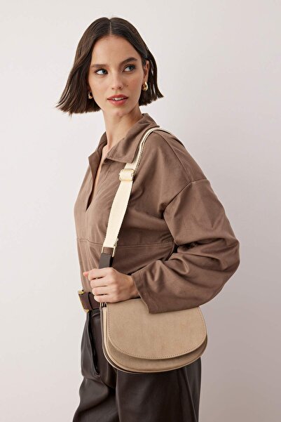 TRENDYOL SHOES Beige Suede Double Strap Women's City Bag Takaw26Oc00032
