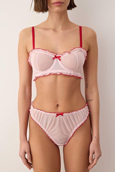 Trendyol Collection Rosafarbenes, volantiges/gerüschtes, kappenloses Strickunterwäsche-Set THMAW26CC00015