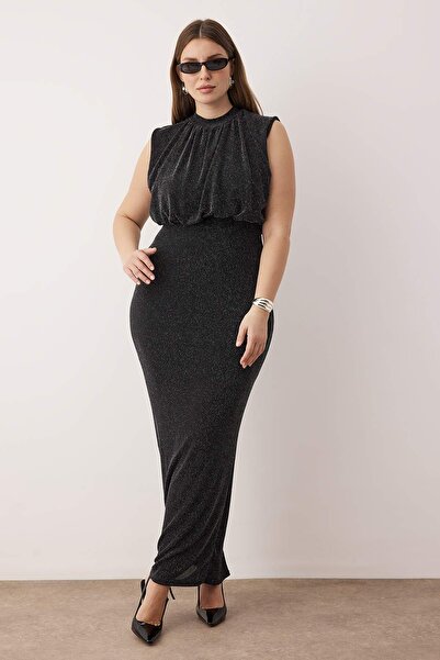 Trendyol Curve Black Tulle Knitted Maxi Length Plus Size Dress Tbbss25Ah00247