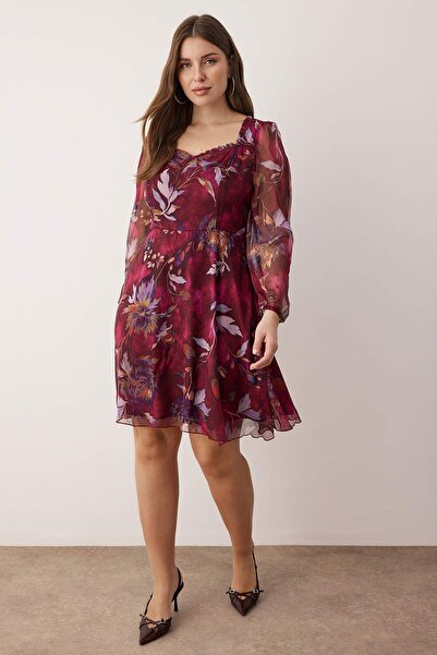 Trendyol Curve Rochie din șifon mini țesută, multicoloră, roșu burgundă, mărime mare TBBAW26AH00004