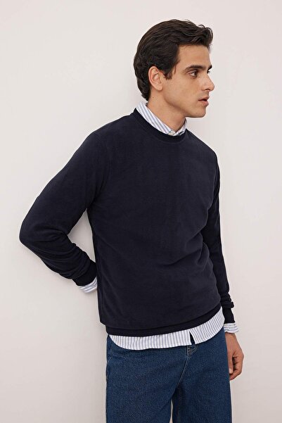 Trendyol Collection Navy Blue Regular/Normal Fit Fleece Crew Neck Sweatshirt/Pajama Top Tmnaw26Sw00033