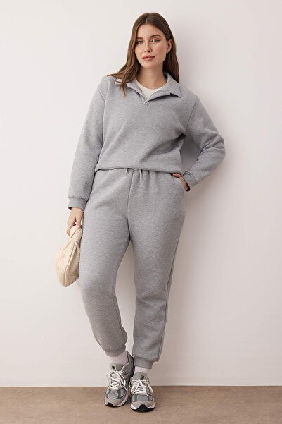 Trendyol Curve Grey Melange Polo Neck Rubber Cuffs Knitted Tracksuit Set Plus Size Tracksuit Set Tbbaw24Ts00001