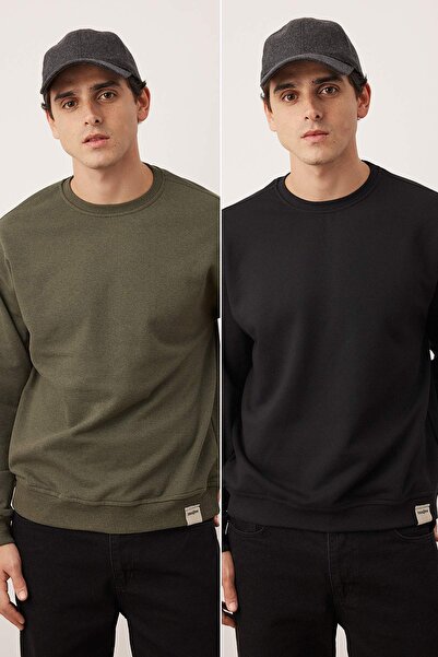 Trendyol Collection Black-Khaki 2-Pack Oversize/Wide Cut Fleece Inside/Warm Label Sweatshirt Tmnaw24Sw00001