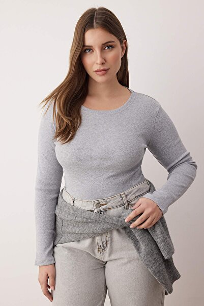 Trendyol Curve Ανθρακί-Γκρι 2-συσκευασία Crop Camisole Πλεκτή Μπλούζα Plus Size TBBAW26AF00055