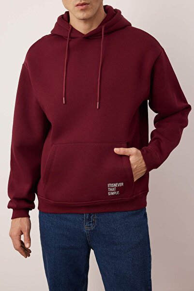 Trendyol Collection Burgundy Oversize/Wide Cut Hooded Label Inside Fleece Cotton Sweatshirt Tmnaw21Sw2005