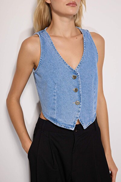 Trendyol Collection Blue V-Neck Fitted Denim Vest Twoss23Ye00036