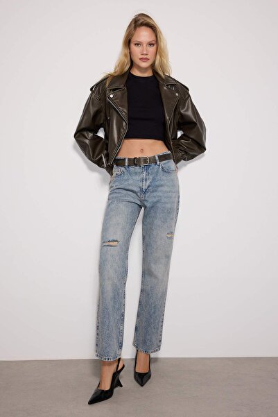 Trendyol Collection Сині рвані прямі джинси з високою талією TWOAW24JE00033