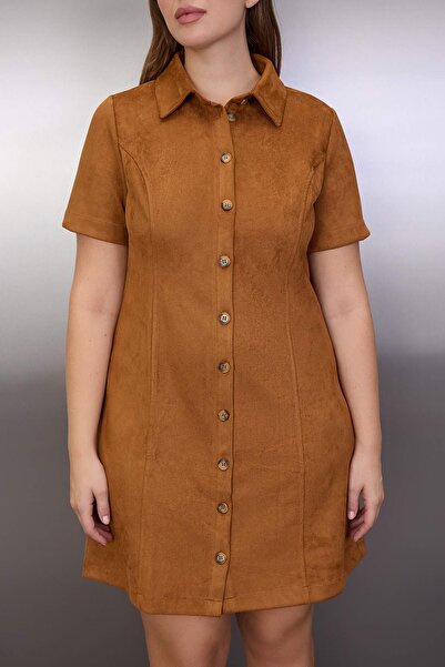 Trendyol Curve Brown Shirt Collar Short Suede Woven Plus Size Dress Tbbaw26Ah00069