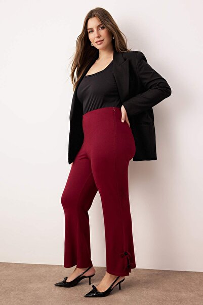 Trendyol Curve Burgundy Flare Fit Knitted Plus Size Trousers with Bow Detail Tbbaw26Ar00003