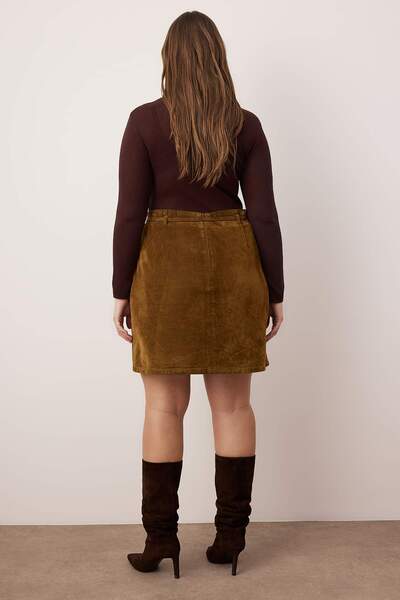Trendyol Curve Camel Suede Look Plus Size Denim Skirt Tbbaw26Az00035