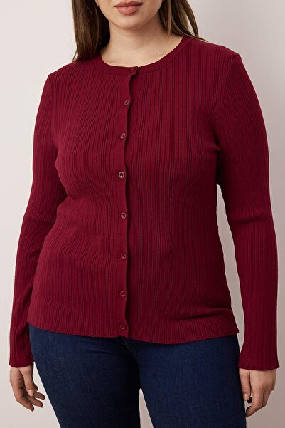 Trendyol Curve Burgundy 2-Piece Ribbed Premium/Special Yarn Soft Textured Thin Knitwear Cardigan-Blouse Set Tbbaw26Av00033