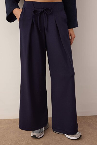 Trendyol Collection Navy Blue Wide Leg Soft Fabric Pleated Stretchy Knitted Trousers Twoaw26Pl00138