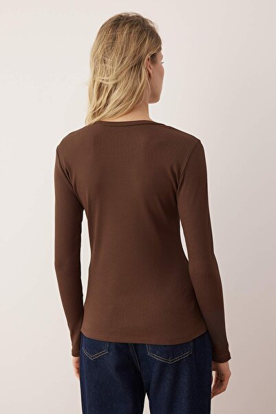 Trendyol Collection Brown Twill Stretchy Long Sleeve Crew Neck Knitted Blouse Twoaw26Bz00313