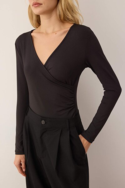 Trendyol Collection Black Soft Touch Double Breasted Draped Bottom Snap Fastener Flexible Knitted Bodysuit Twoaw26Bd00015