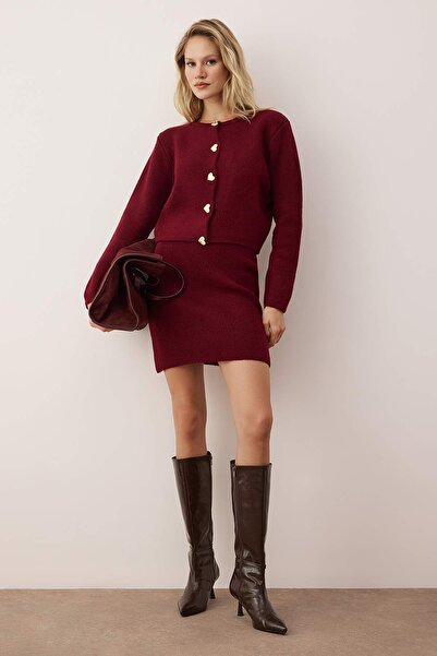 Trendyol Collection Burgundy Heart Button Detailed Knitwear Bottom - Top Set Twoaw26Au00132